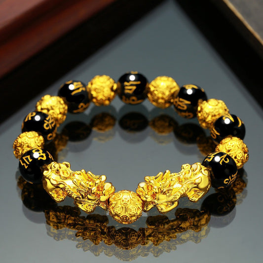 Double Guardian Pixiu Mantra Obsidian Wealth Bracelet