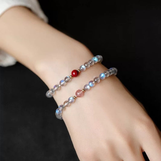 Gray Moonstone and Strawberry Quartz Beaded Bracelet